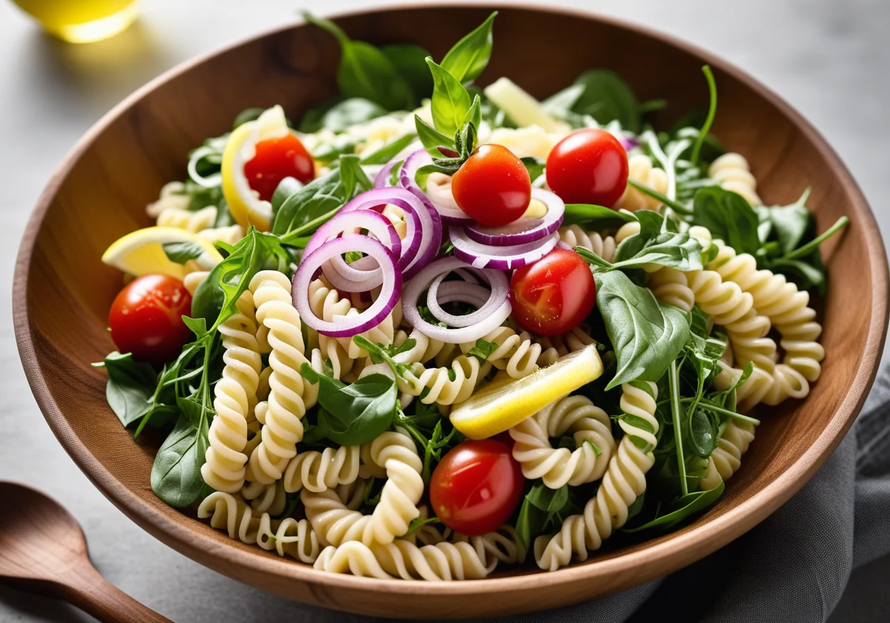 Noodle Salad with Tuna, Arugula, Onions and Tomatoes