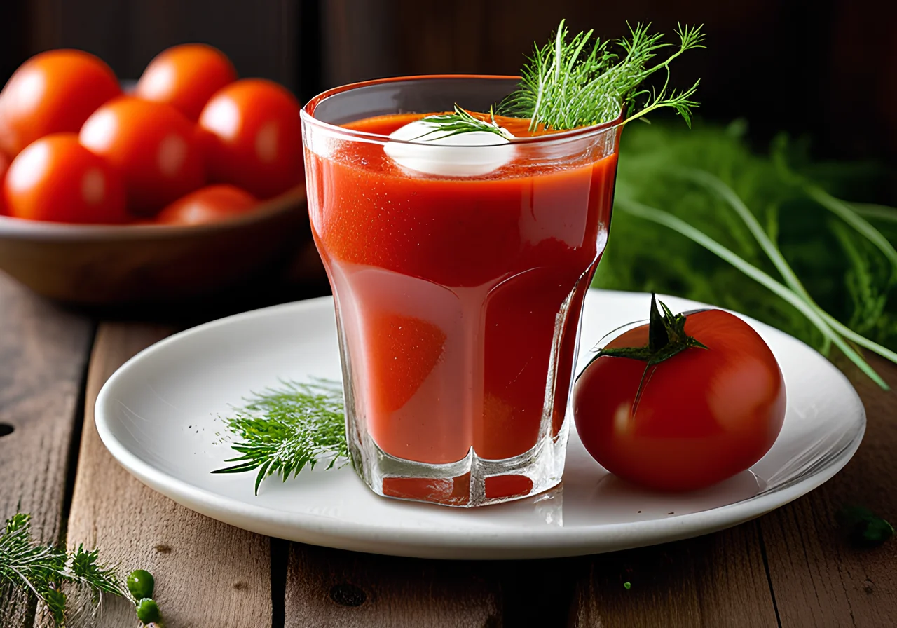 Spicy Tomato Drink with Herbs and Yogurt Dollop