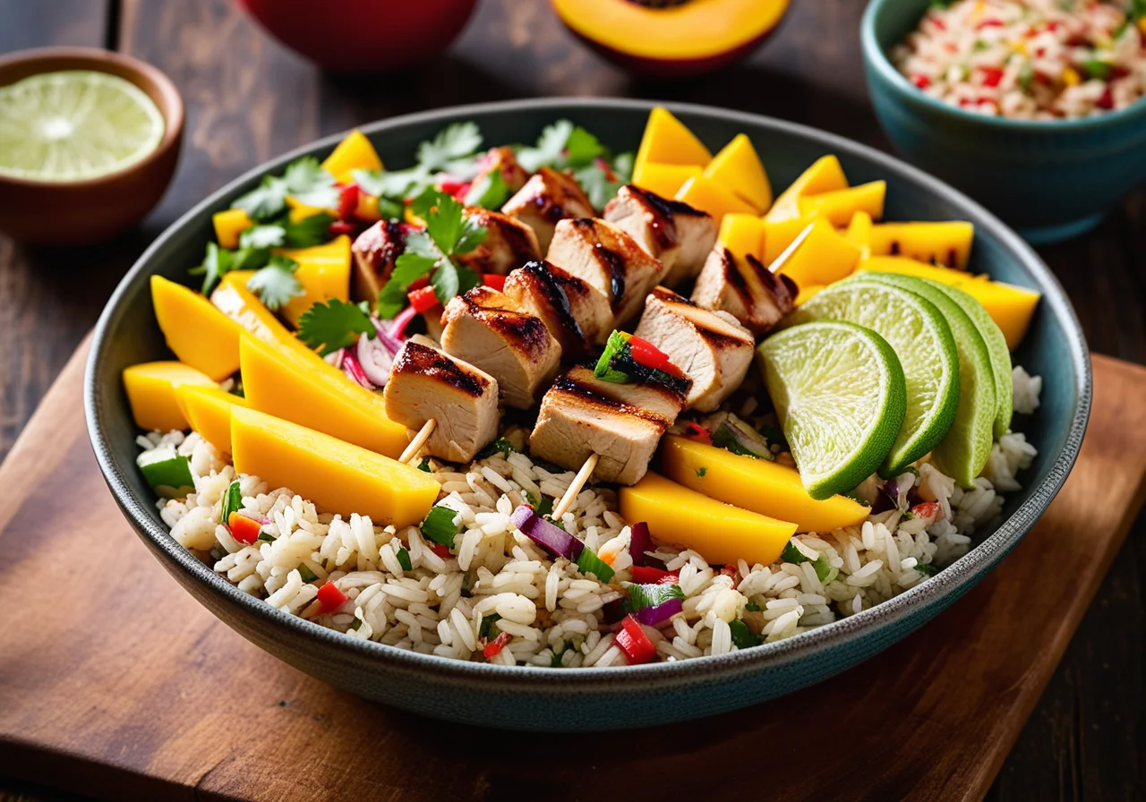 Bean-Rice Salad with Chicken Skewers and Mango