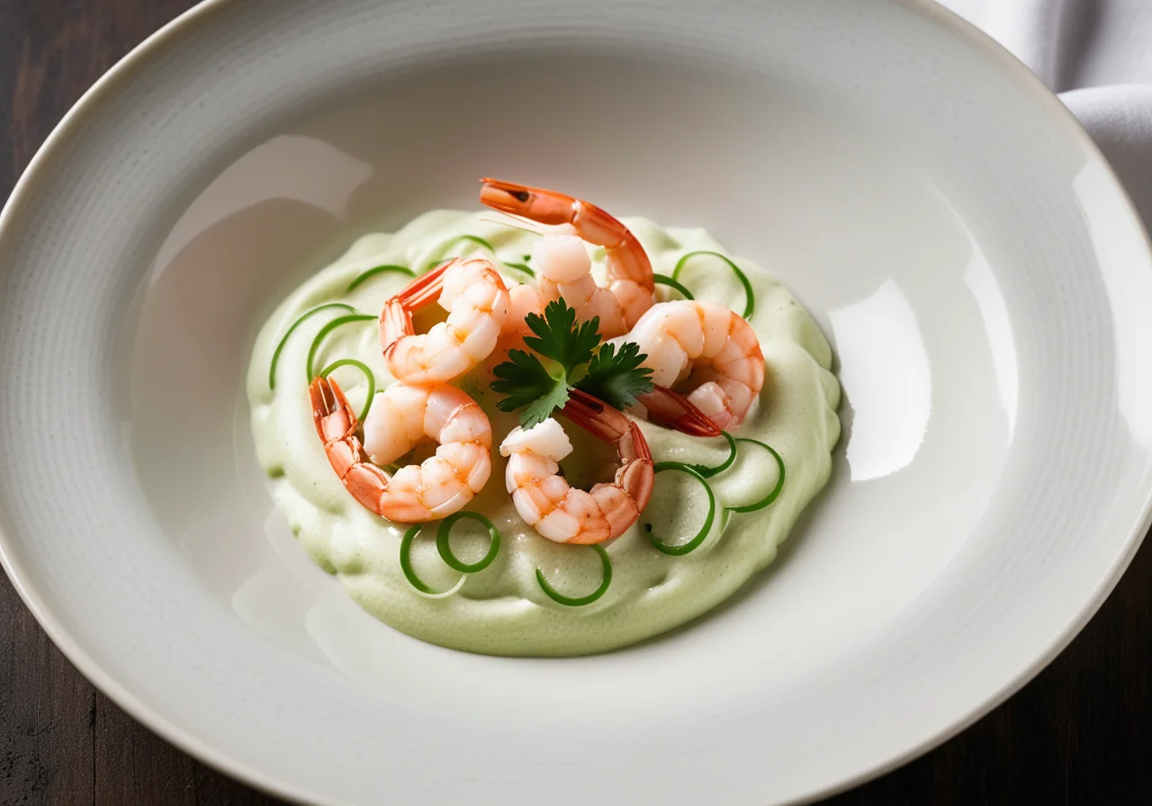 Shrimp Tails with Leek Foam and Spring Onions