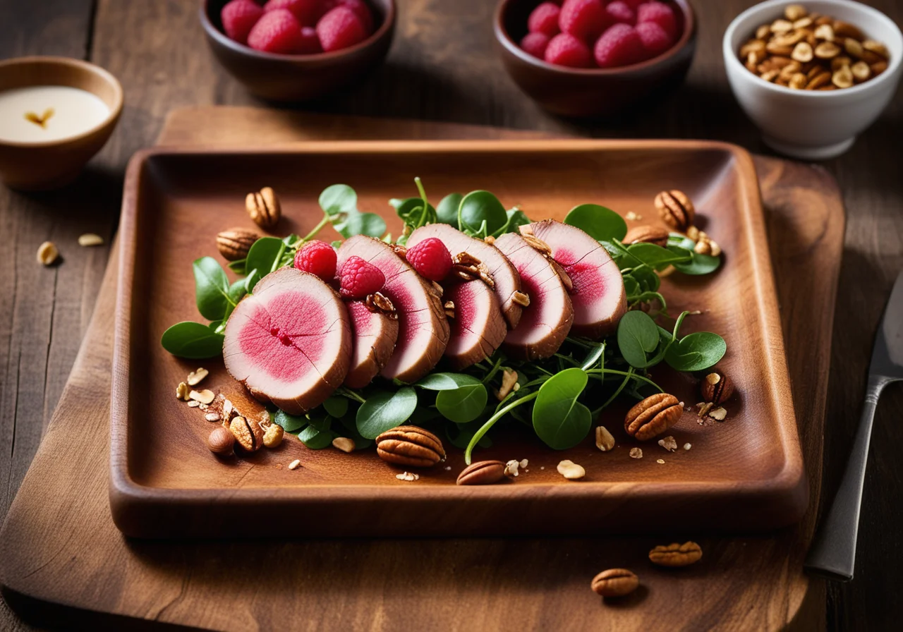 Duck Breast with Pear, Walnut Kernels and Watercress