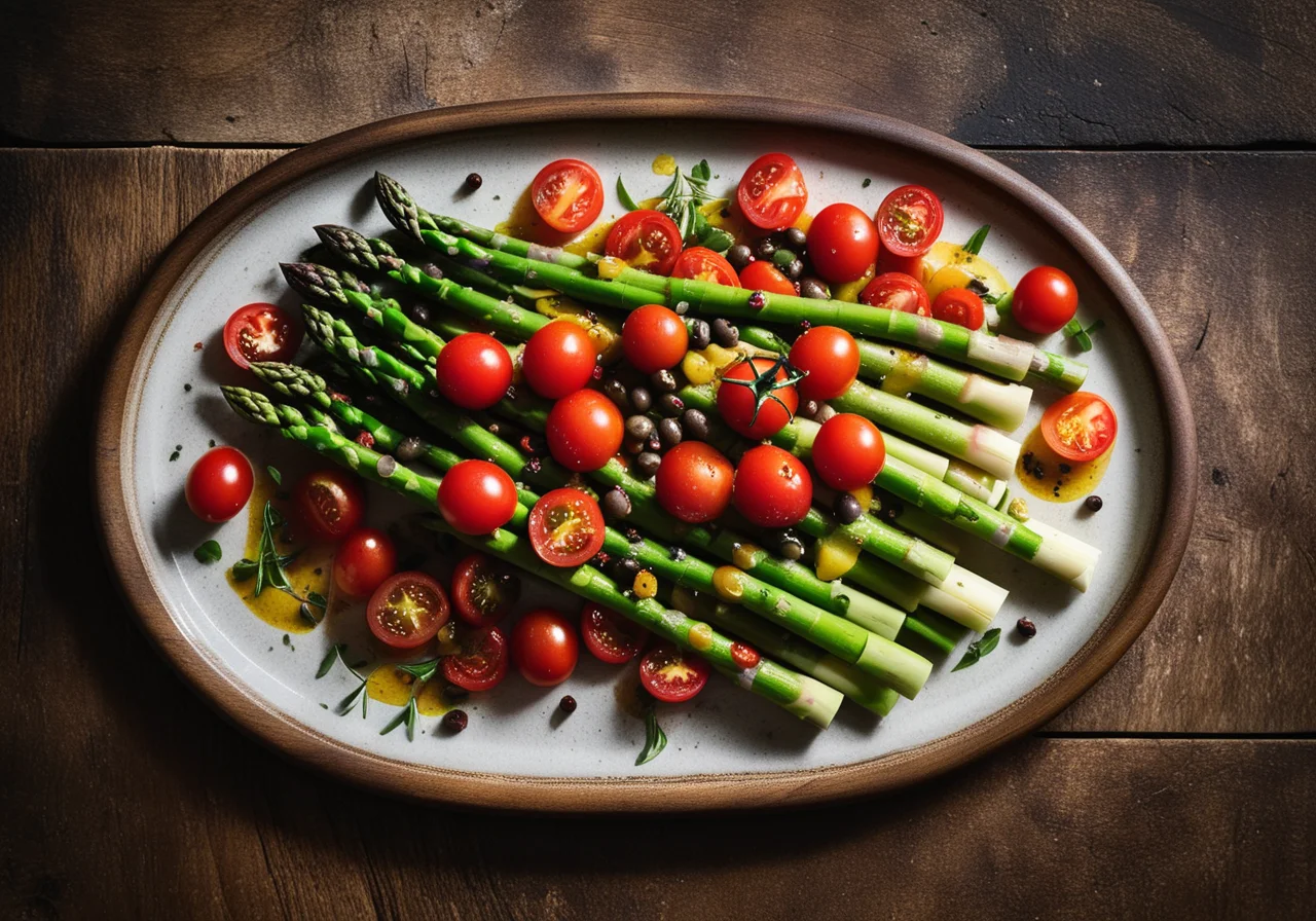Green asparagus with tomato, olive and caper salsa