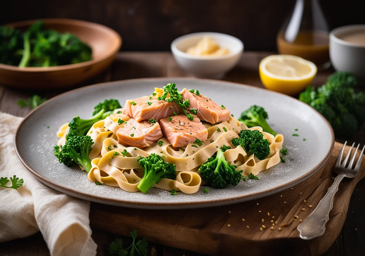 Tagliatelle with Salmon Cream Sauce and Broccoli