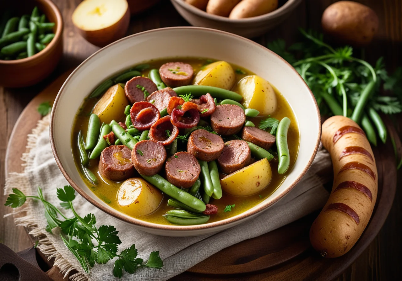 Green bean stew with bacon and pork sausage