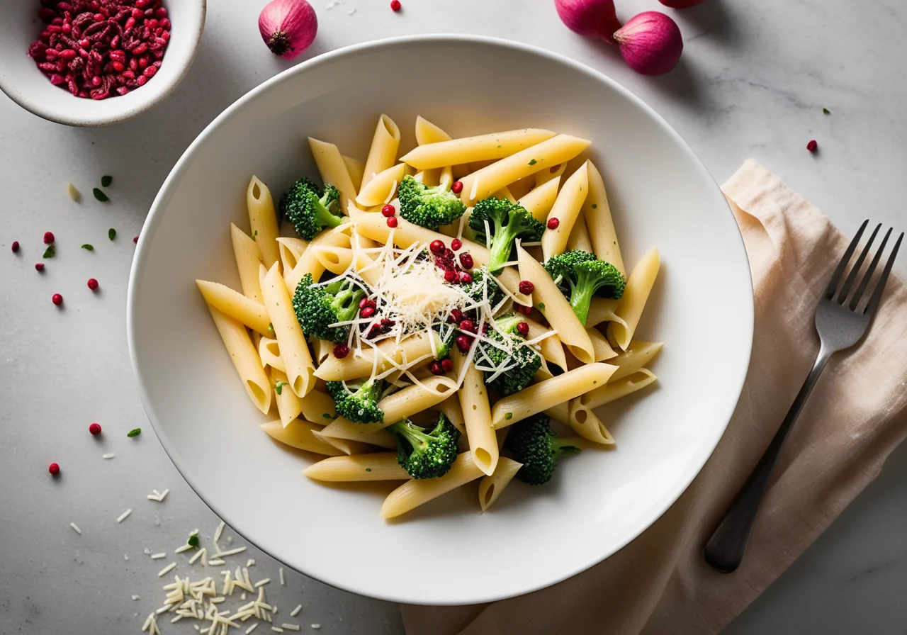 Pasta in creamy sauce with broccoli
