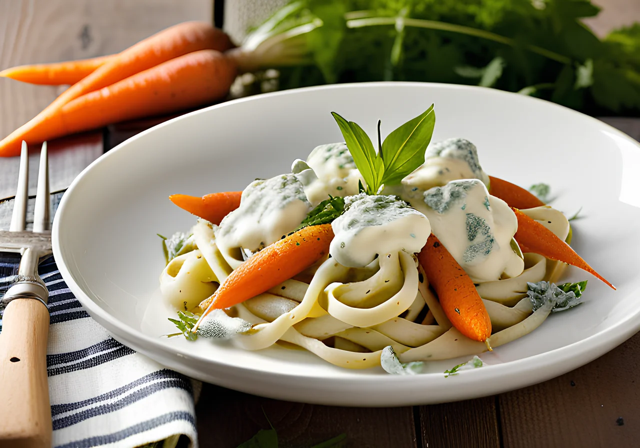 Herb Pasta with Carrots, Kohlrabi and Gorgonzola Sauce