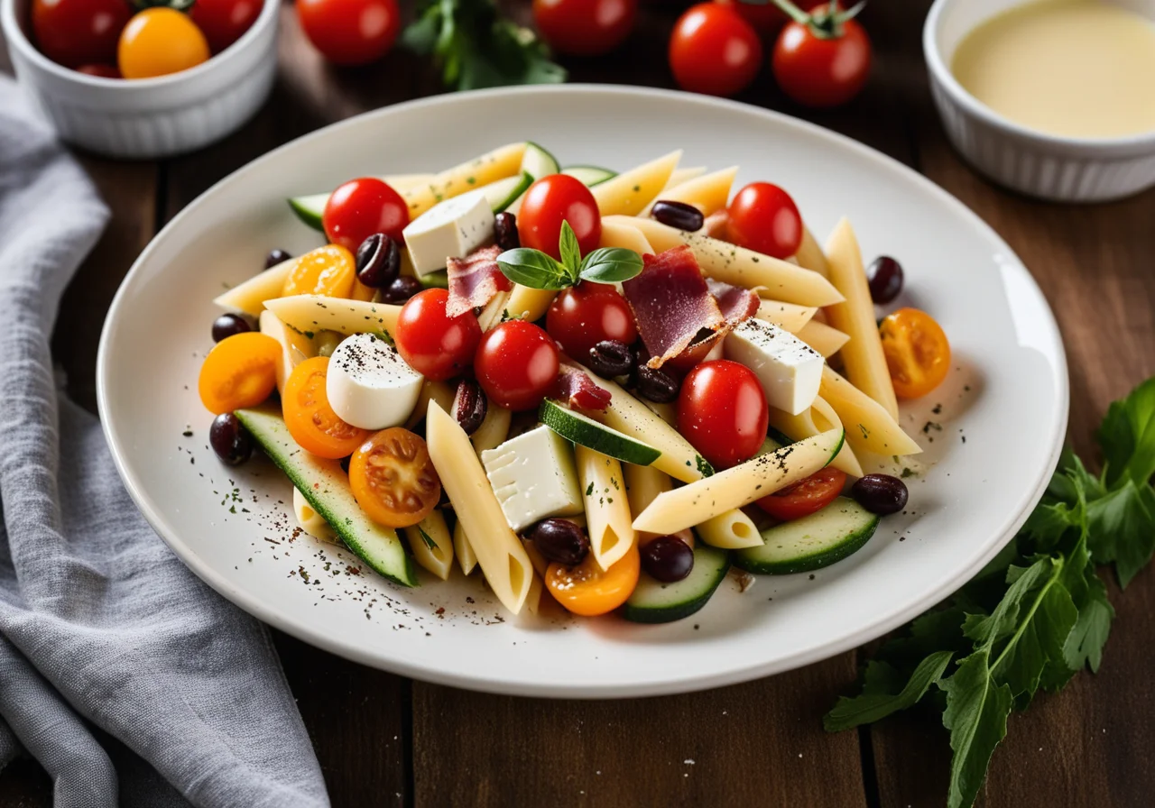 Mediterranean Penne Salad with Bacon