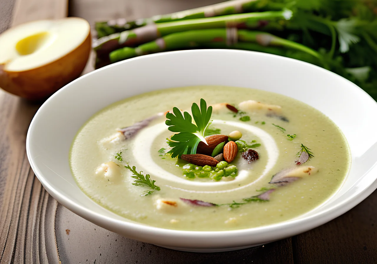 Creamy Asparagus and Potato Soup with Almond Butter and Parsley-Lemon Oil