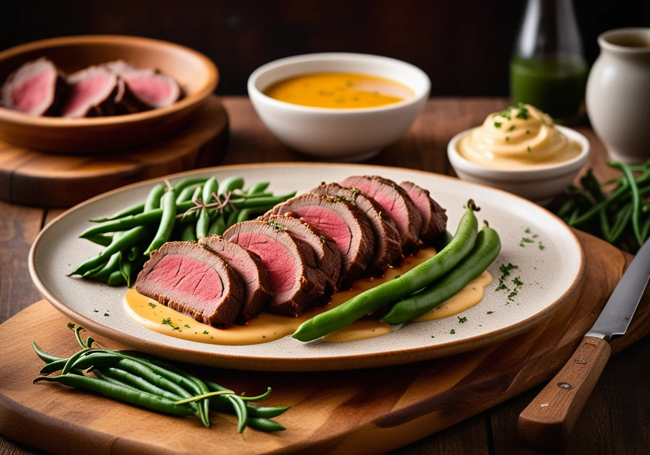 Entrecote Rouladen with Beans, Potatoes and Mustard Sauce