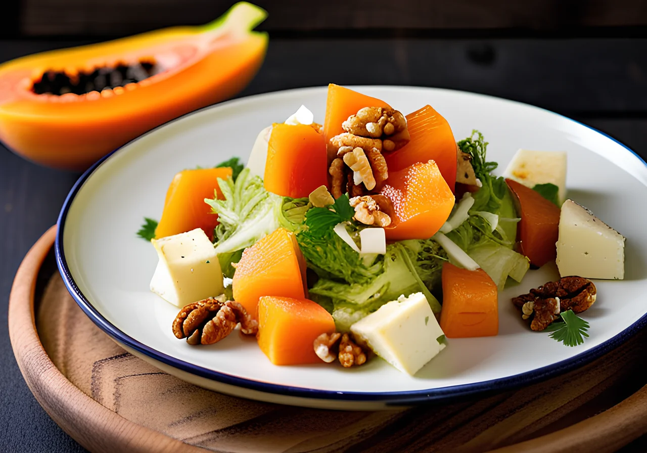 Rosenkohl Salad with Papaya and Sheep Cheese