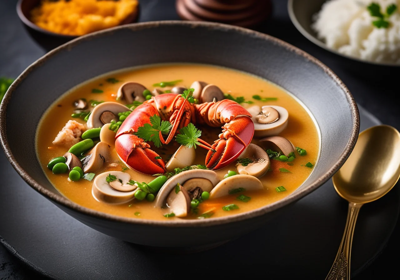 Lobster Tails in Fish Soup with Sugar Snap Peas
