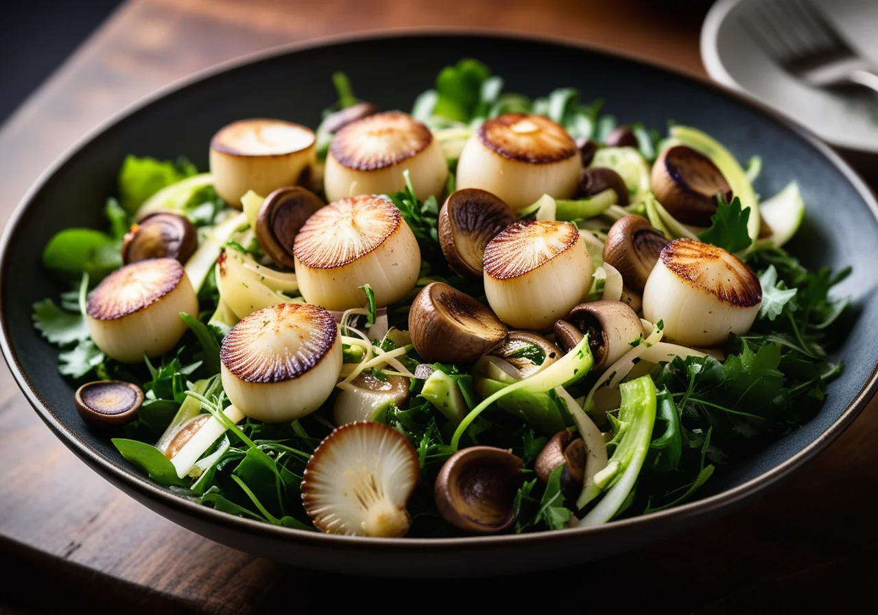 Salad with Scallops, Cabbage and Mushrooms