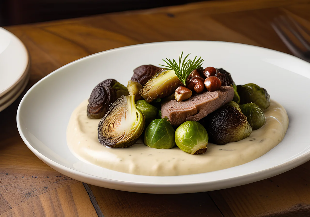 Brussels Sprouts and Chestnut Casserole with Beef Tenderloin Steak