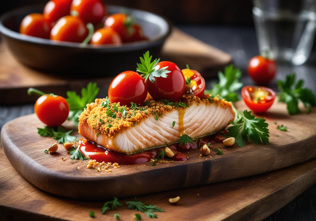 Fish Fillet with Nut Crust on Tomatoes