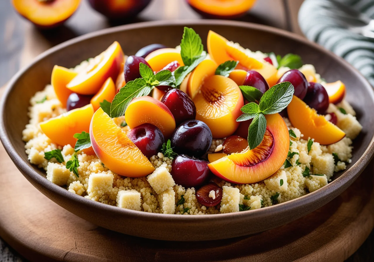 Couscous salad with summer fruit and halloumi