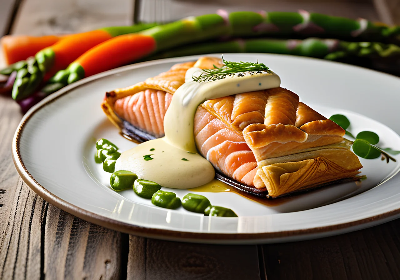Salmon Wrapped in Puff Pastry with Green Asparagus