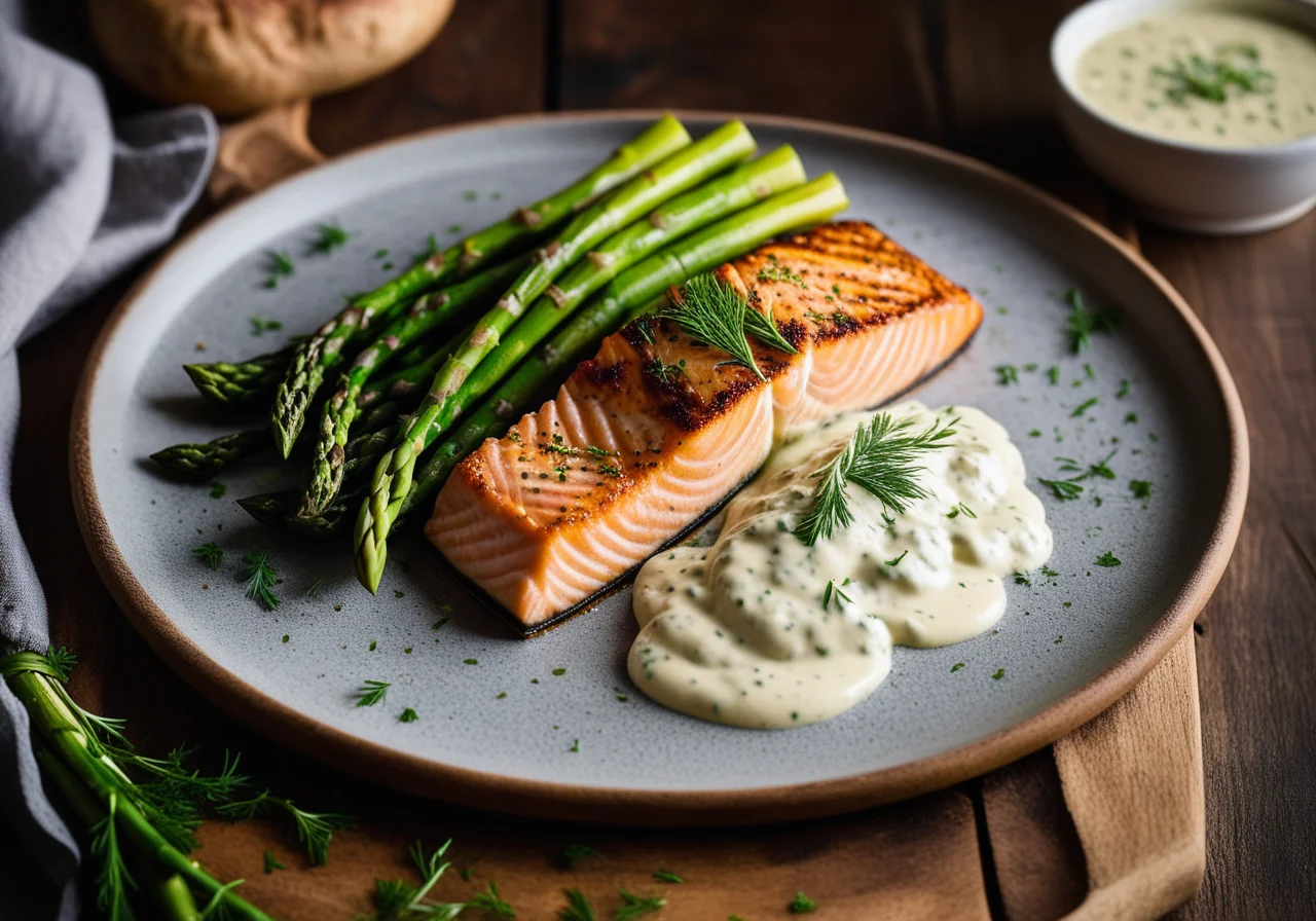 Salmon Fillets with Dill Buttermilk Sauce, Green Asparagus and Potato Mustard Mash