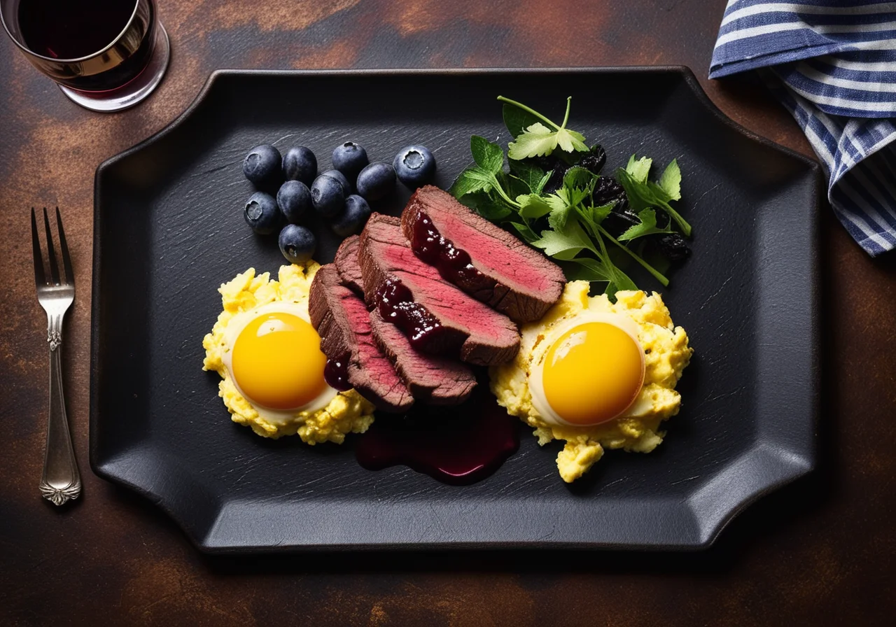 Venison Steak with Scrambled Eggs and Red Wine Sauce
