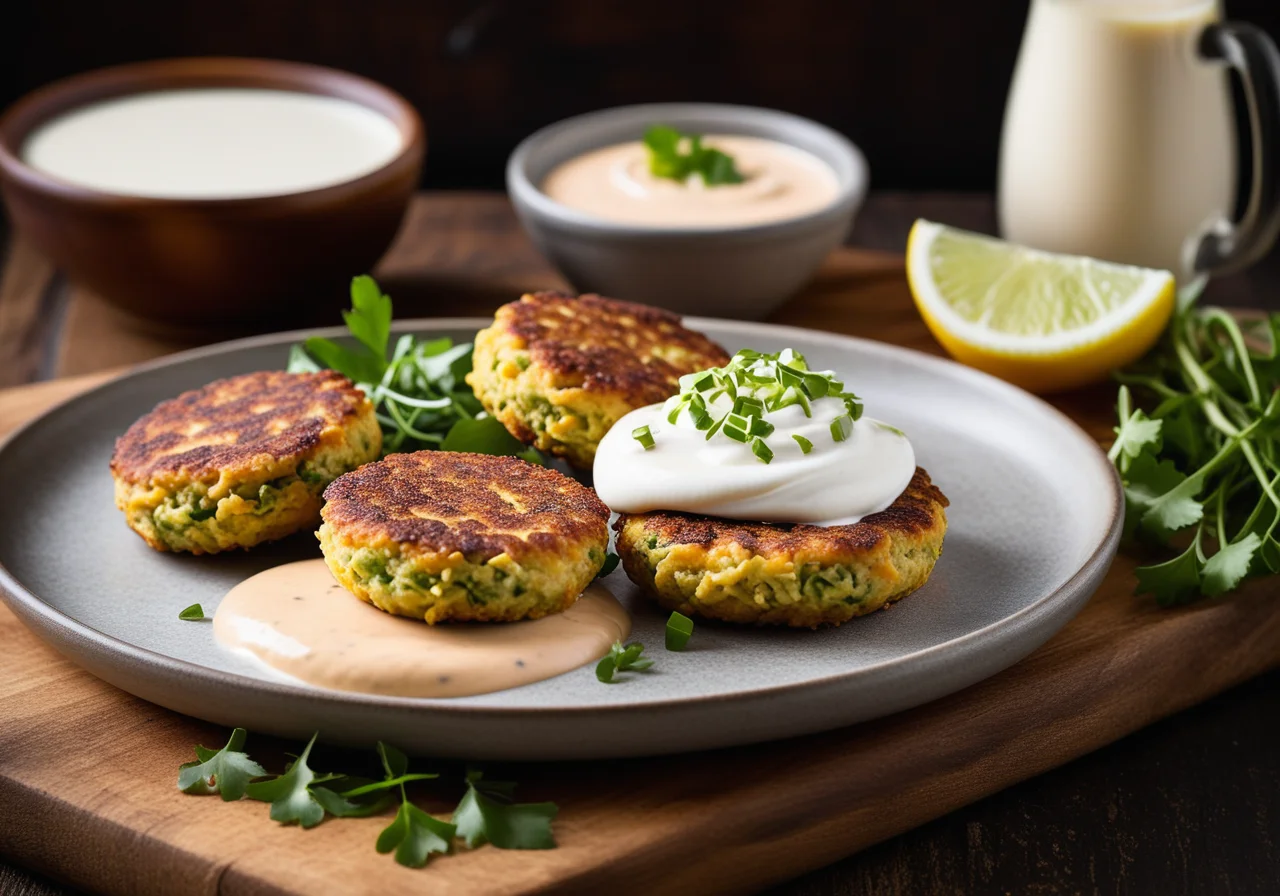 Vegetable Patties with Sprouts and Yogurt Lemon Dip