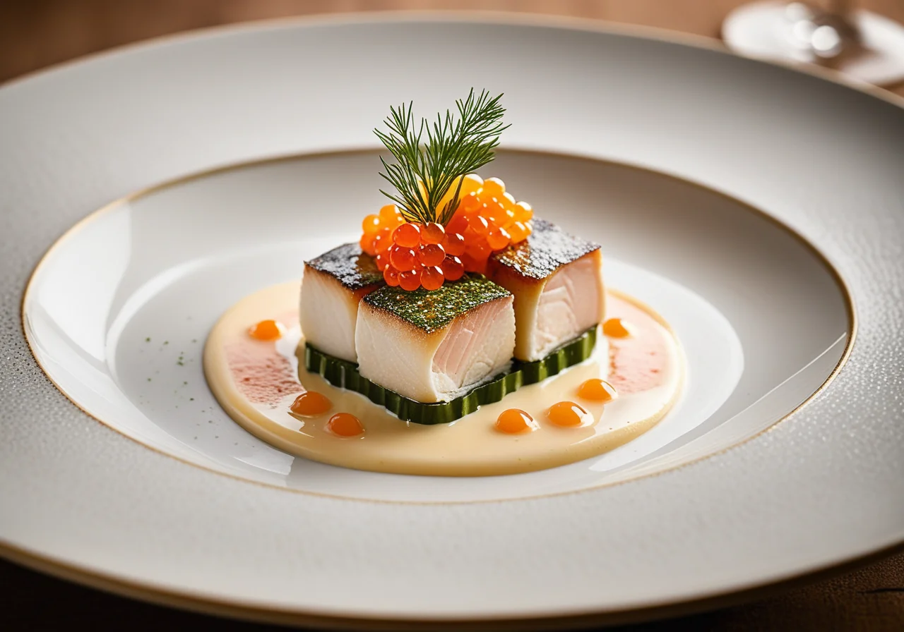 Sea Bass Rolls Filled with Caviar on Egg Cream Sauce