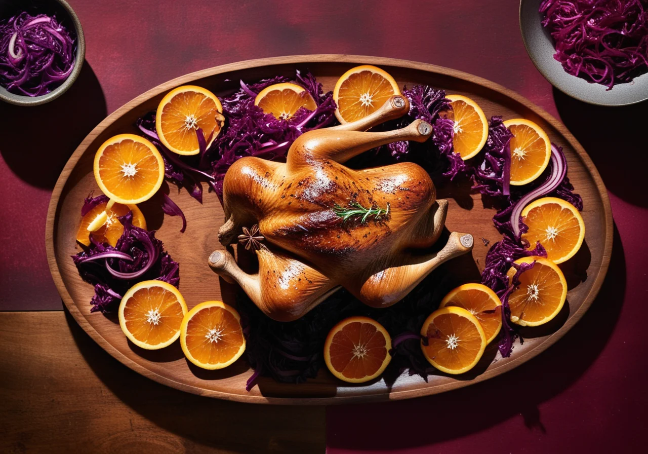 Stuffed Goose with Orange Sauce and Ginger Red Cabbage