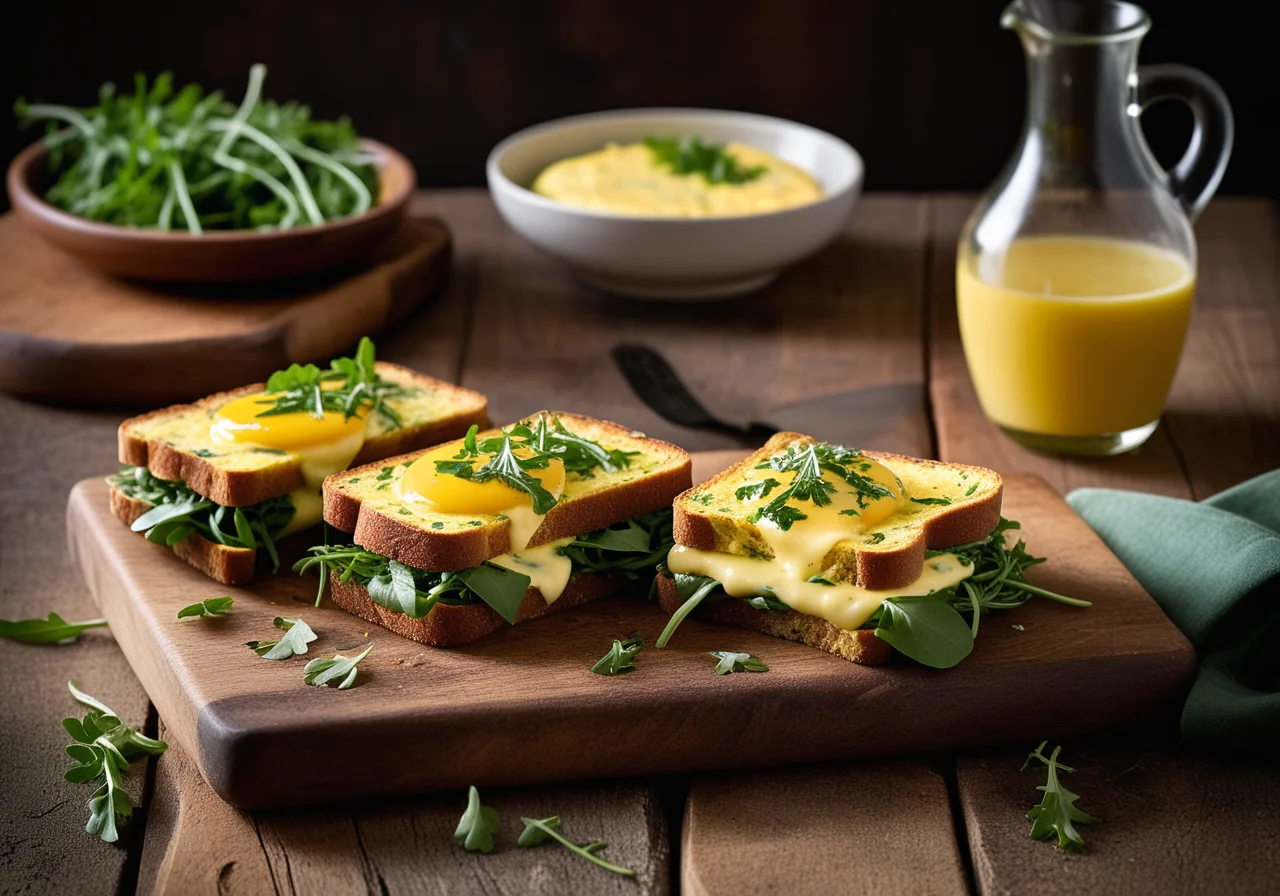 Omelettröllchen mit Rucola auf Röstbrot