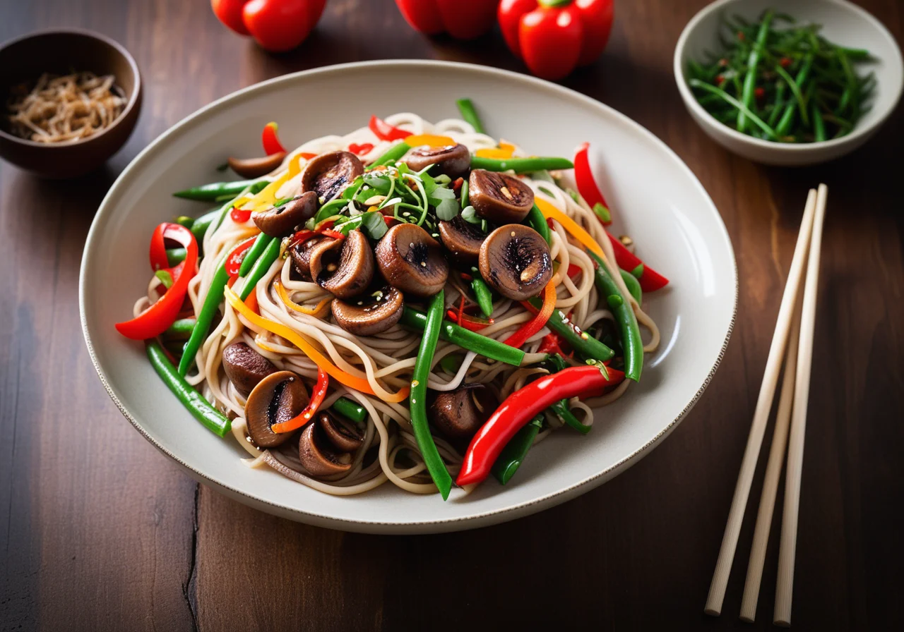 Asian Glass Noodles with Bell Pepper, Bean Sprouts and Shiitake Mushrooms