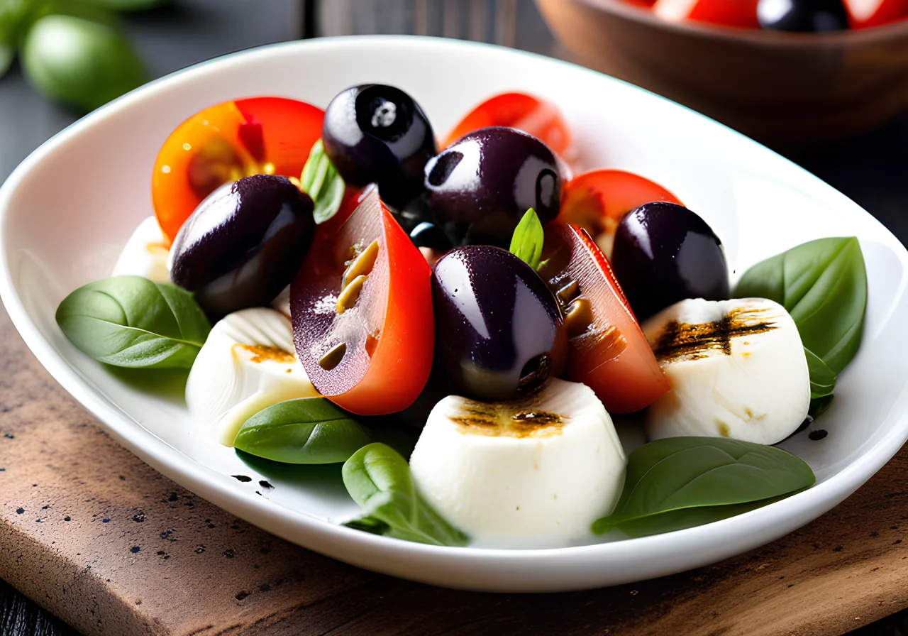 Tomato Cold Salad with Mozzarella Olive Skewers