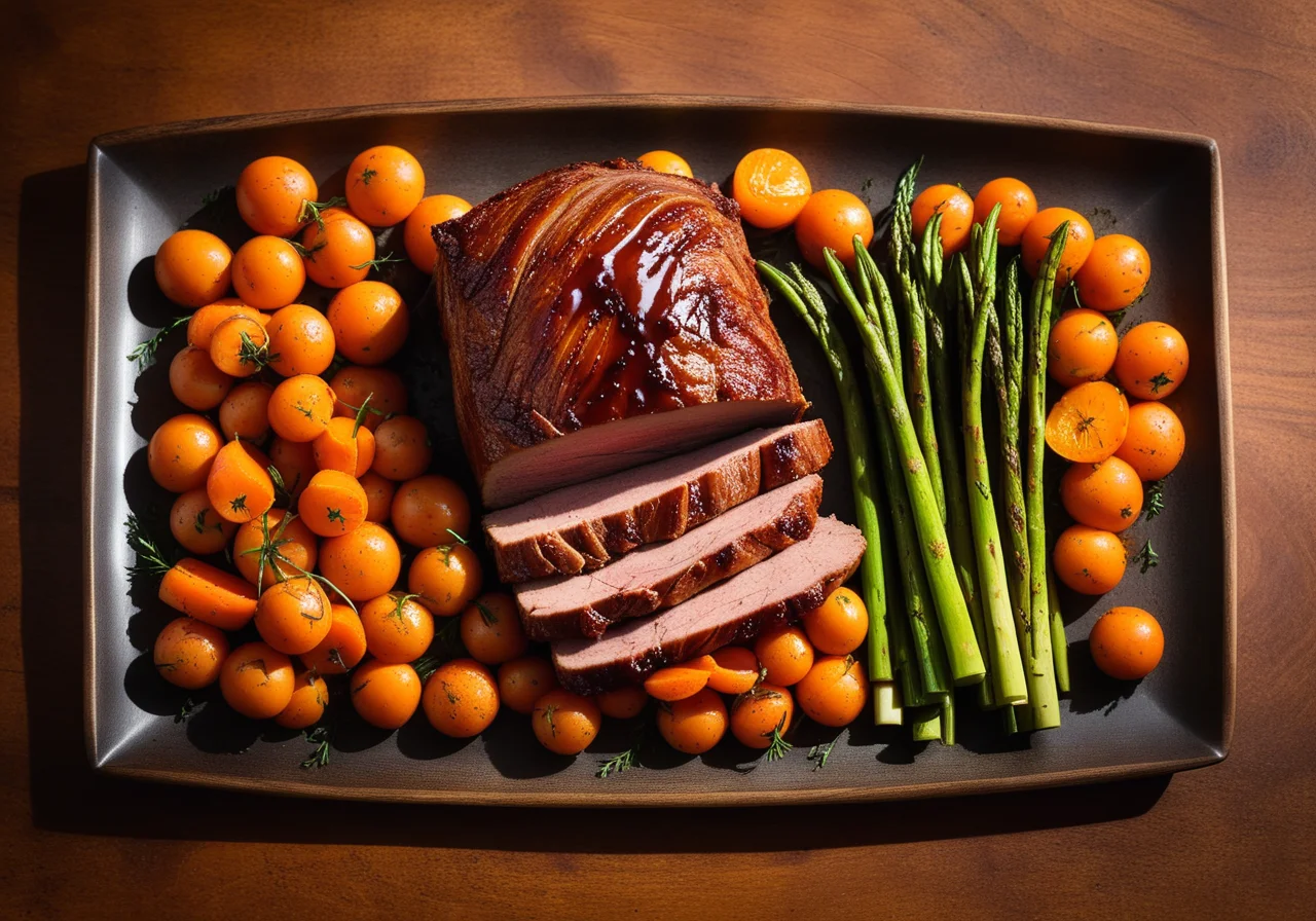 Glazed Ham Roast with Carrots and Green Asparagus