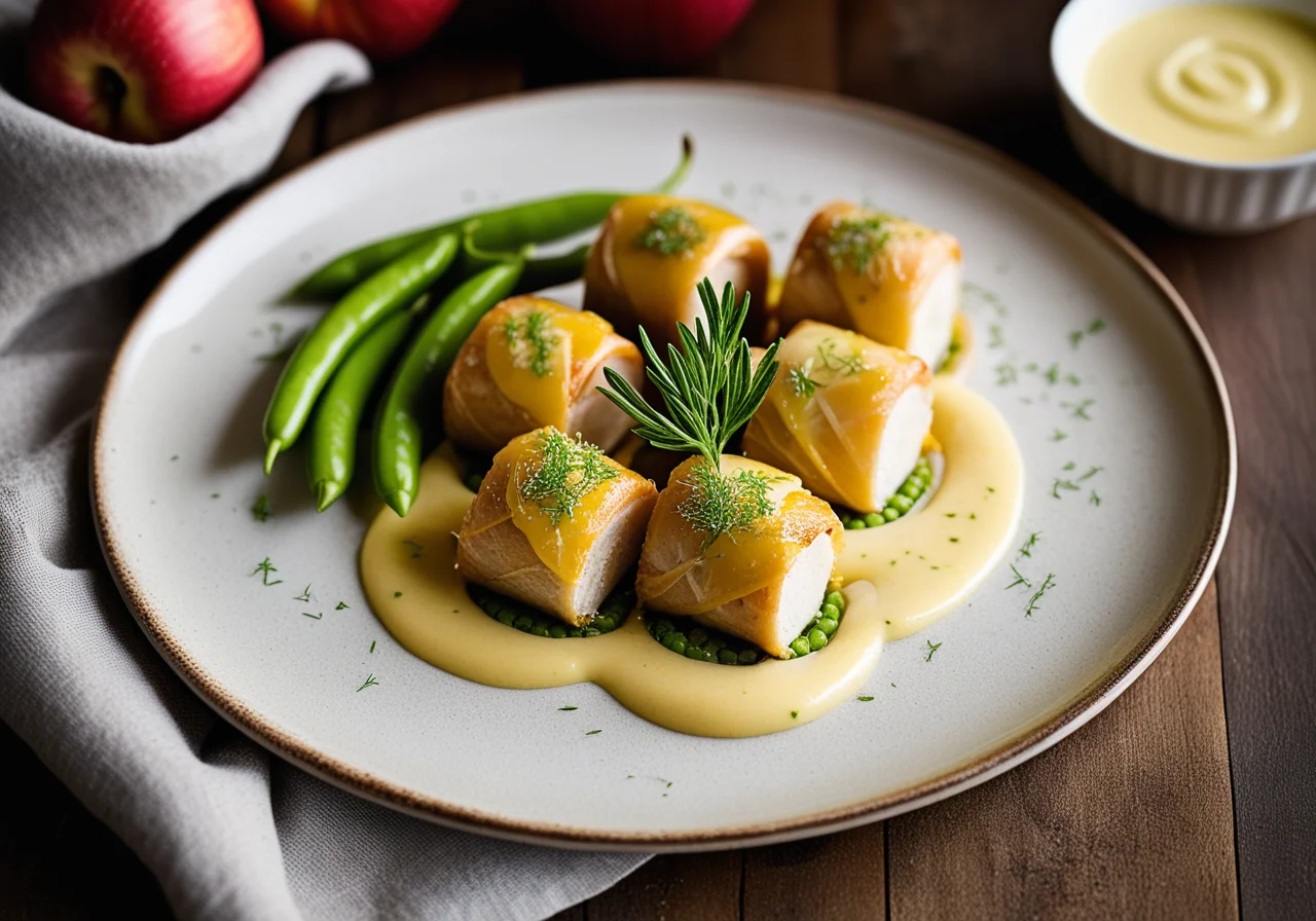 Fish Roulades with Apple Slices and Sugar Snap Peas