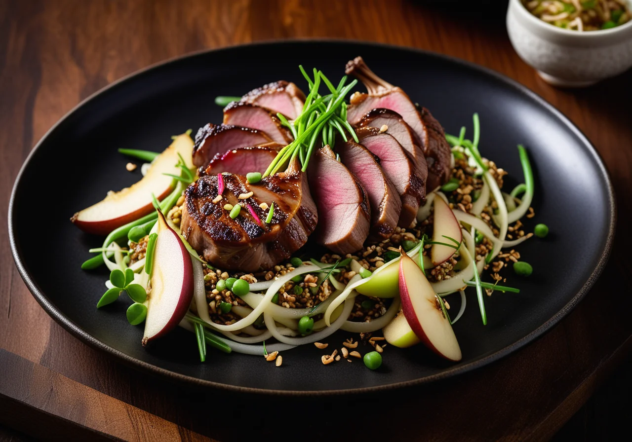 Quail breast with sesame, pears and soybean sprouts