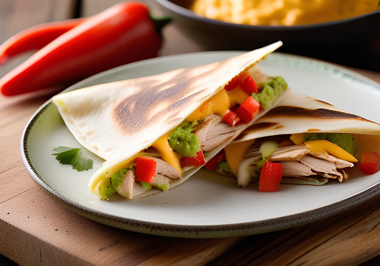 Quesadillas with Burrito Rice Filling, Pulled Chicken and Guacamole
