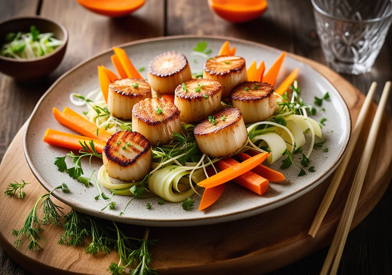 Scallop Skewers with Vegetable Strips and Sprouts