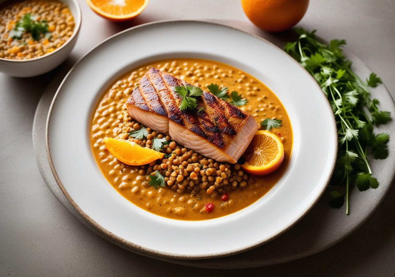 Lentil Curry Soup with Red Snapper Skewers