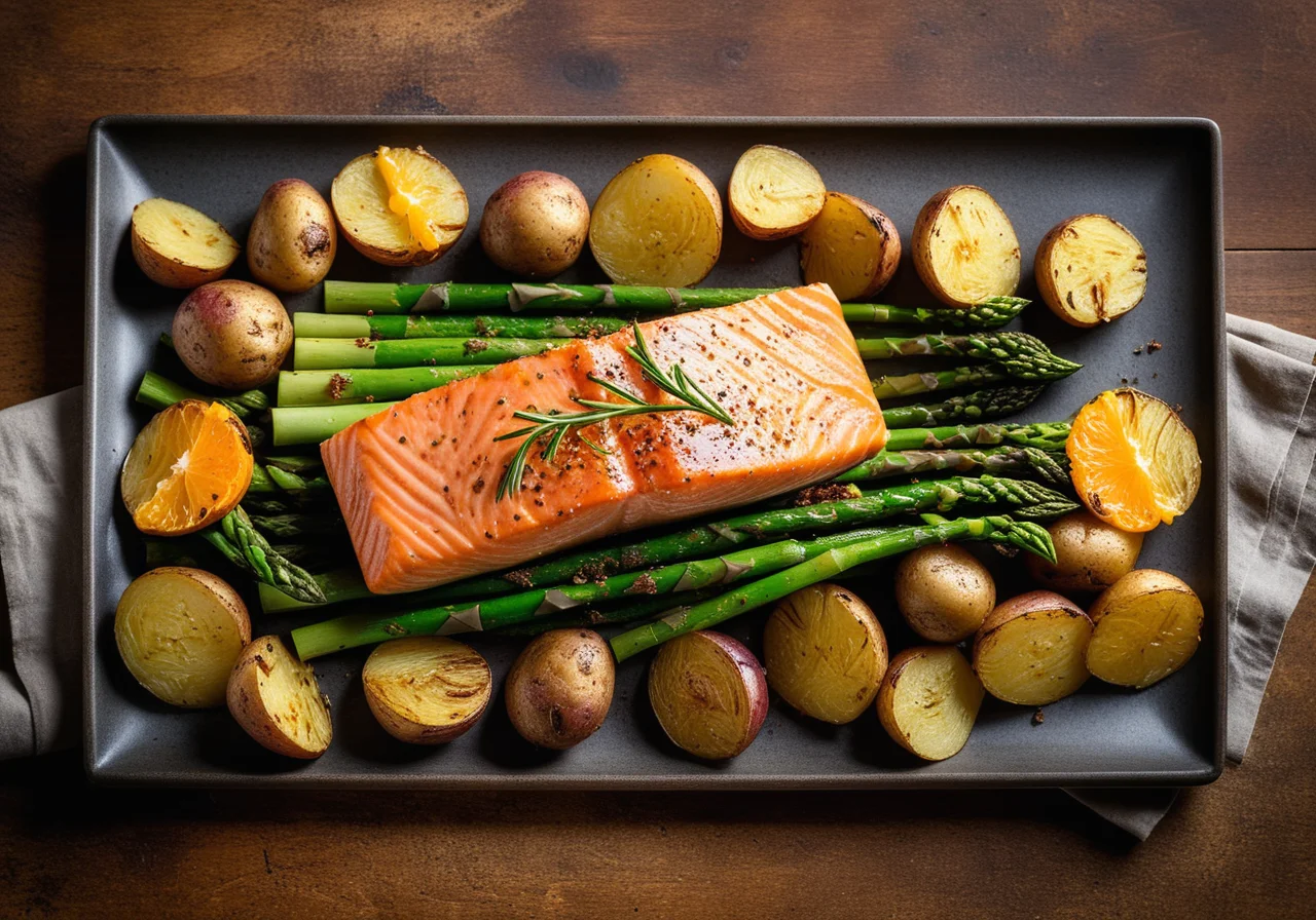 Salmon Fillet with Potatoes and Green Asparagus