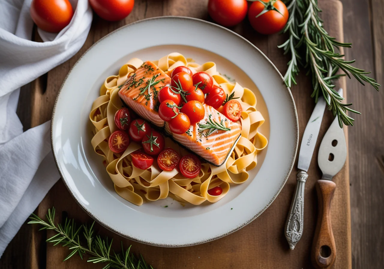 Salmon Trout Fillet with Tomato Sauce and Ribbon Pasta