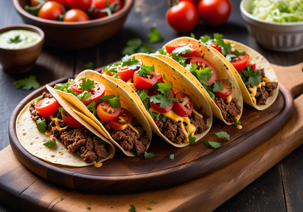 Tacos with Beef, Cheese, Tomatoes and Lettuce