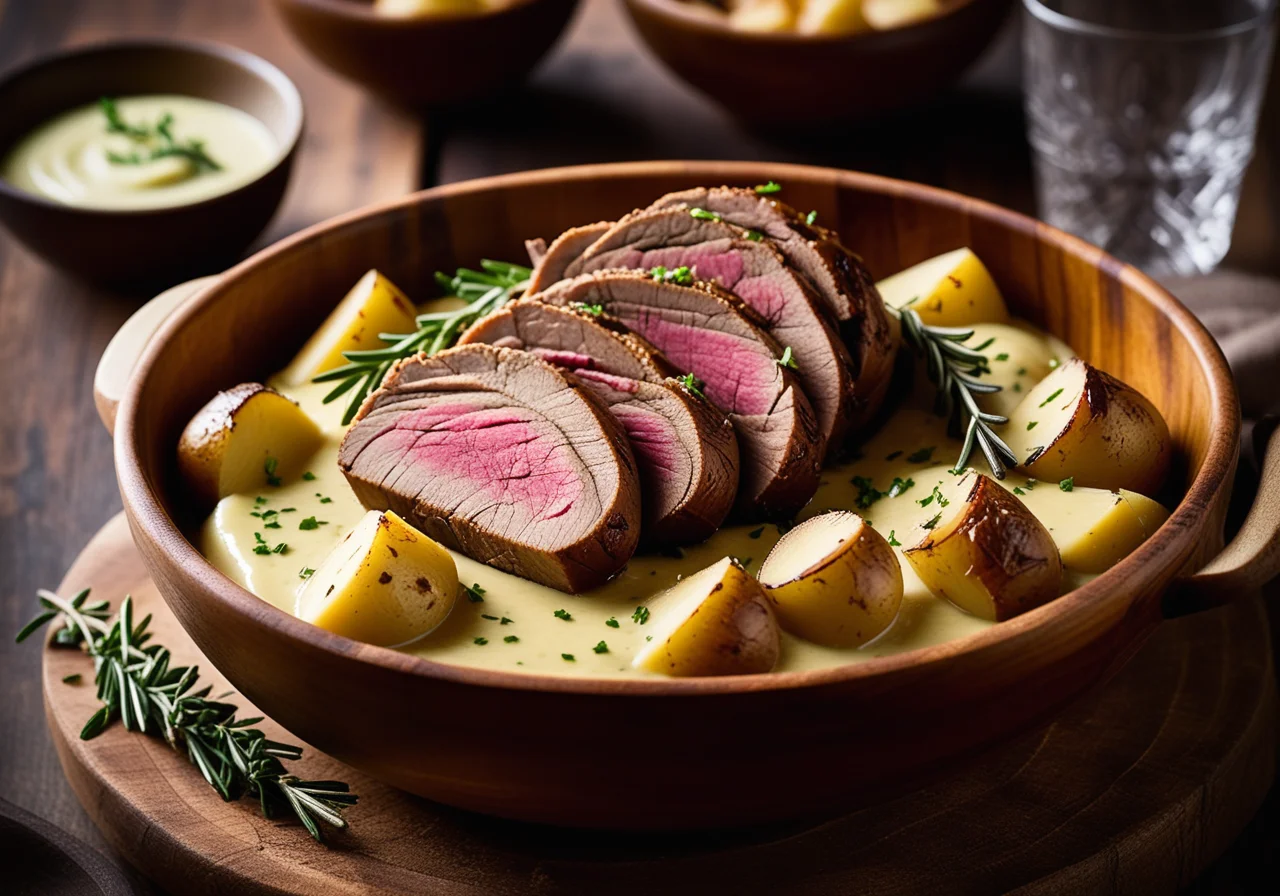 Lamb Roast with Potatoes and Pea Puree