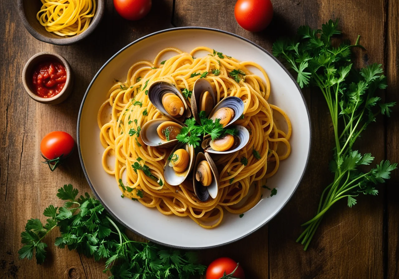 Saffron Spaghetti with Venus Clams and Tomatoes