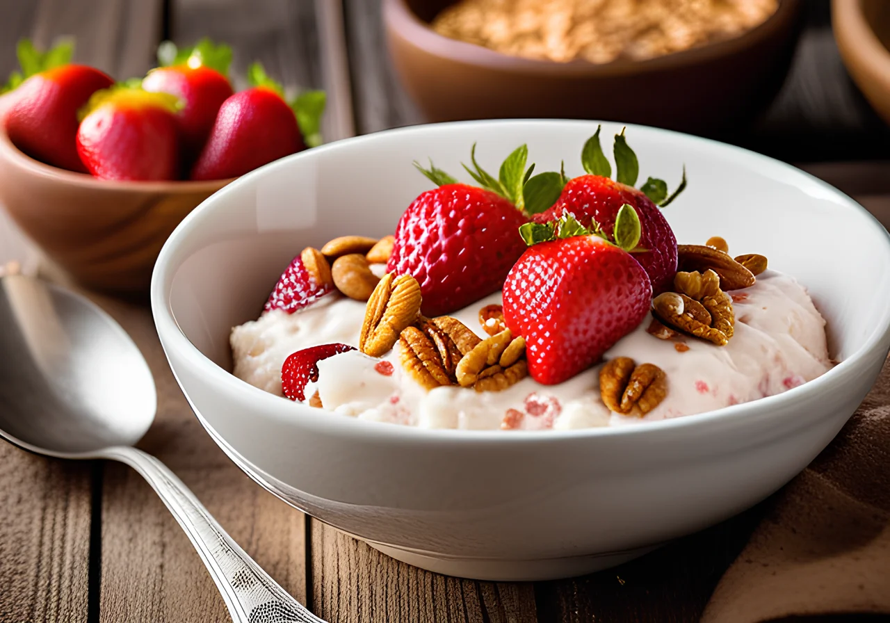 Vegan Rice Quark Breakfast with Strawberries and Nut Crunchies