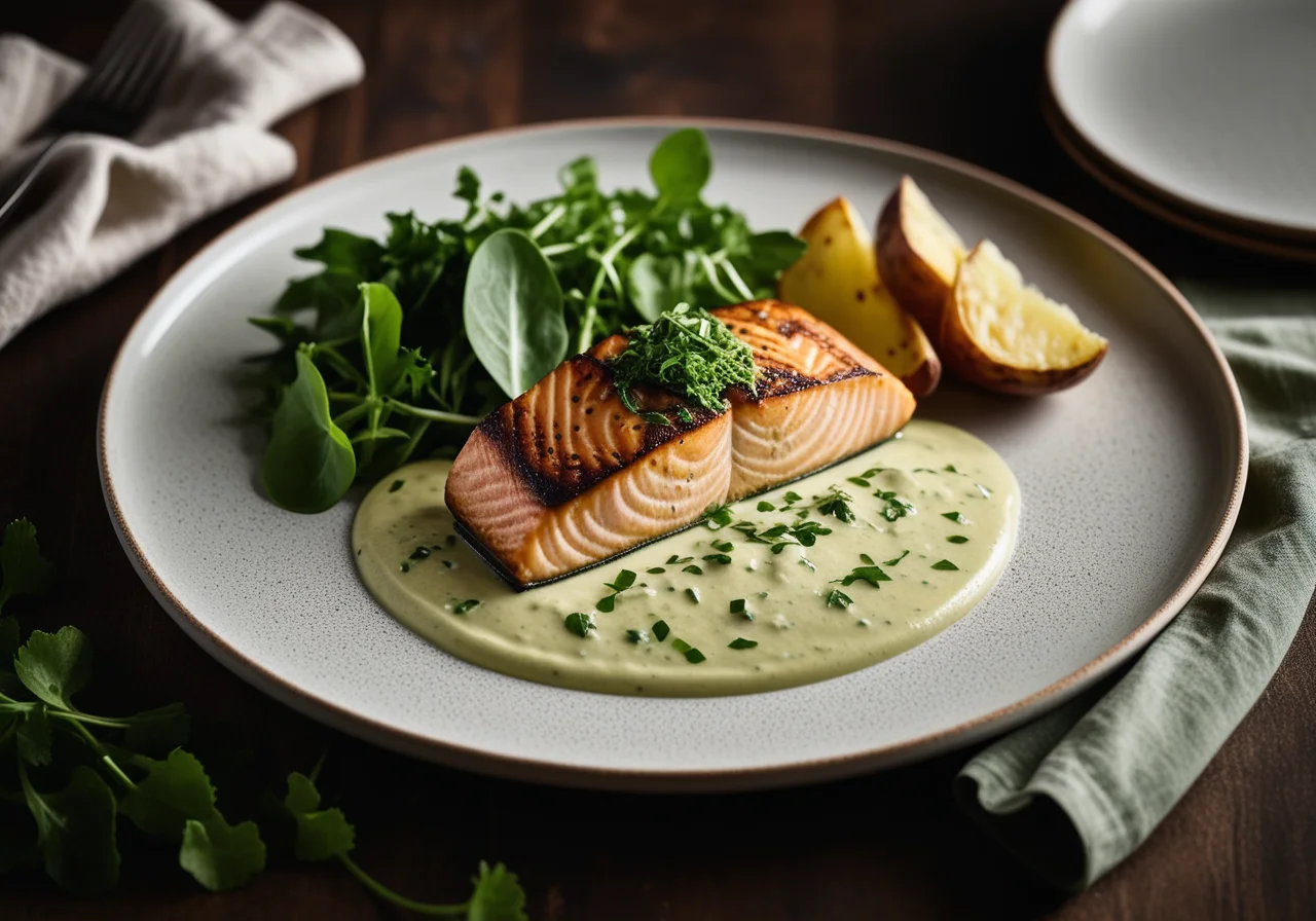 Salmon with Pea Sauce and Lettuce