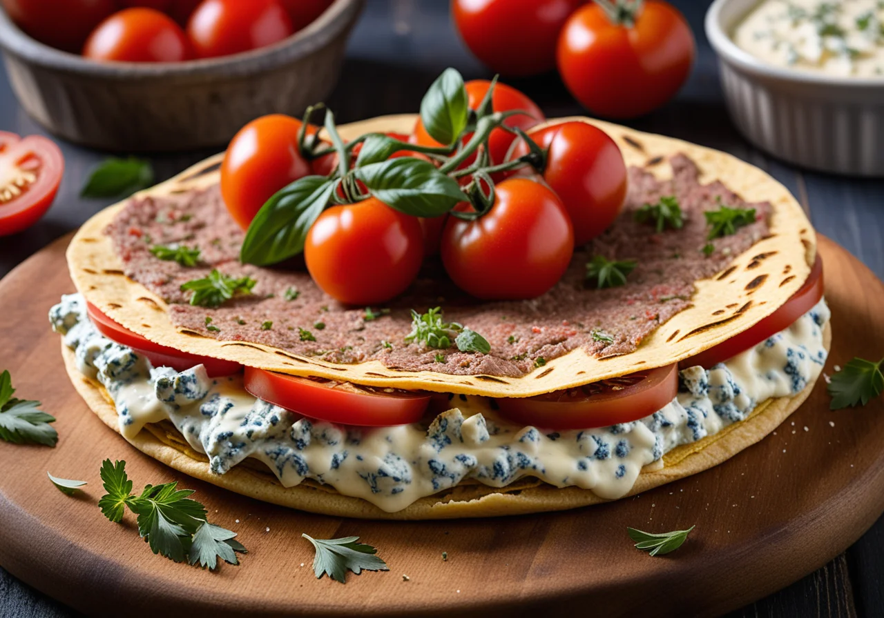 Tortilla with Tomatoes, Ground Beef and Blue Cheese