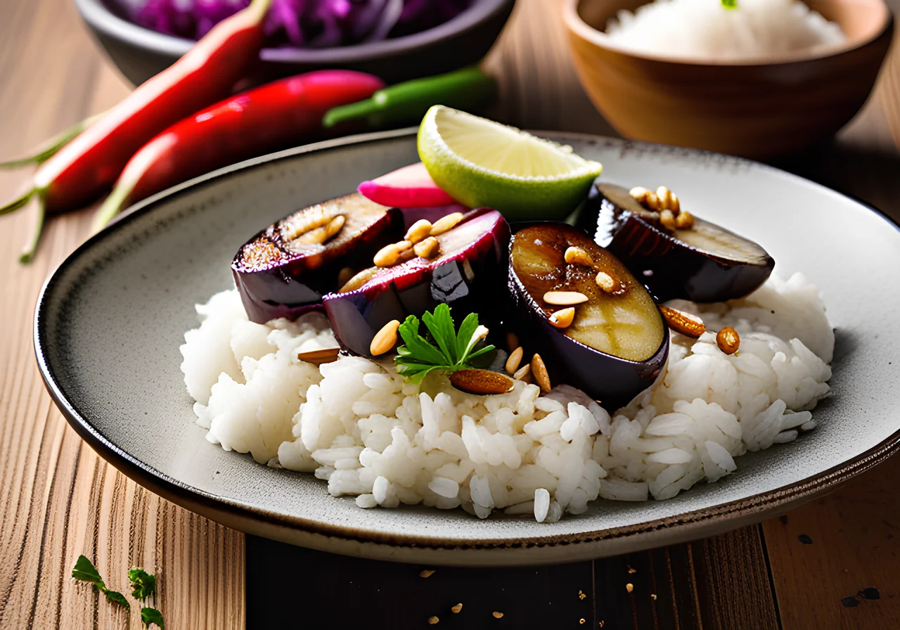Teriyaki Eggplant with Radishes and Rice
