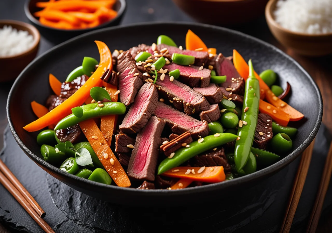 Beef Strips with Vegetables and Sesame in a Wok