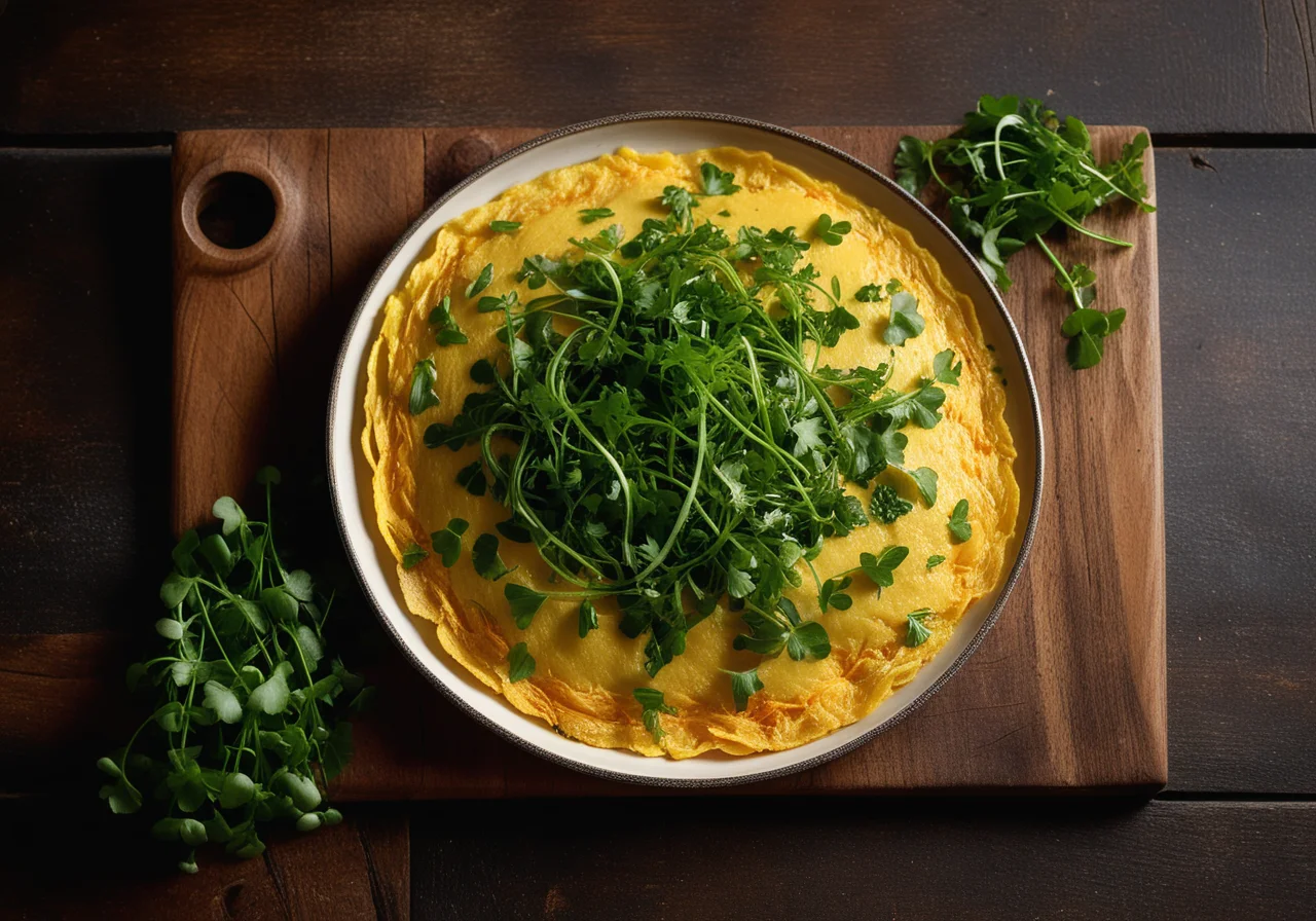 Omelette with peas, carrots and sprouts