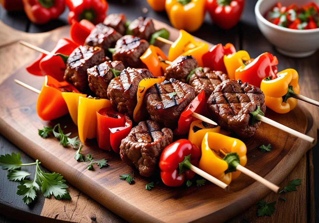 Grilled Ground Meat Skewers with Bell Pepper