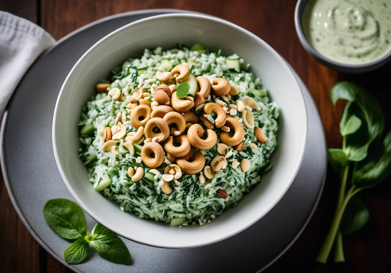 Green Rice Salad with Cucumber Yogurt Dip and Cashews