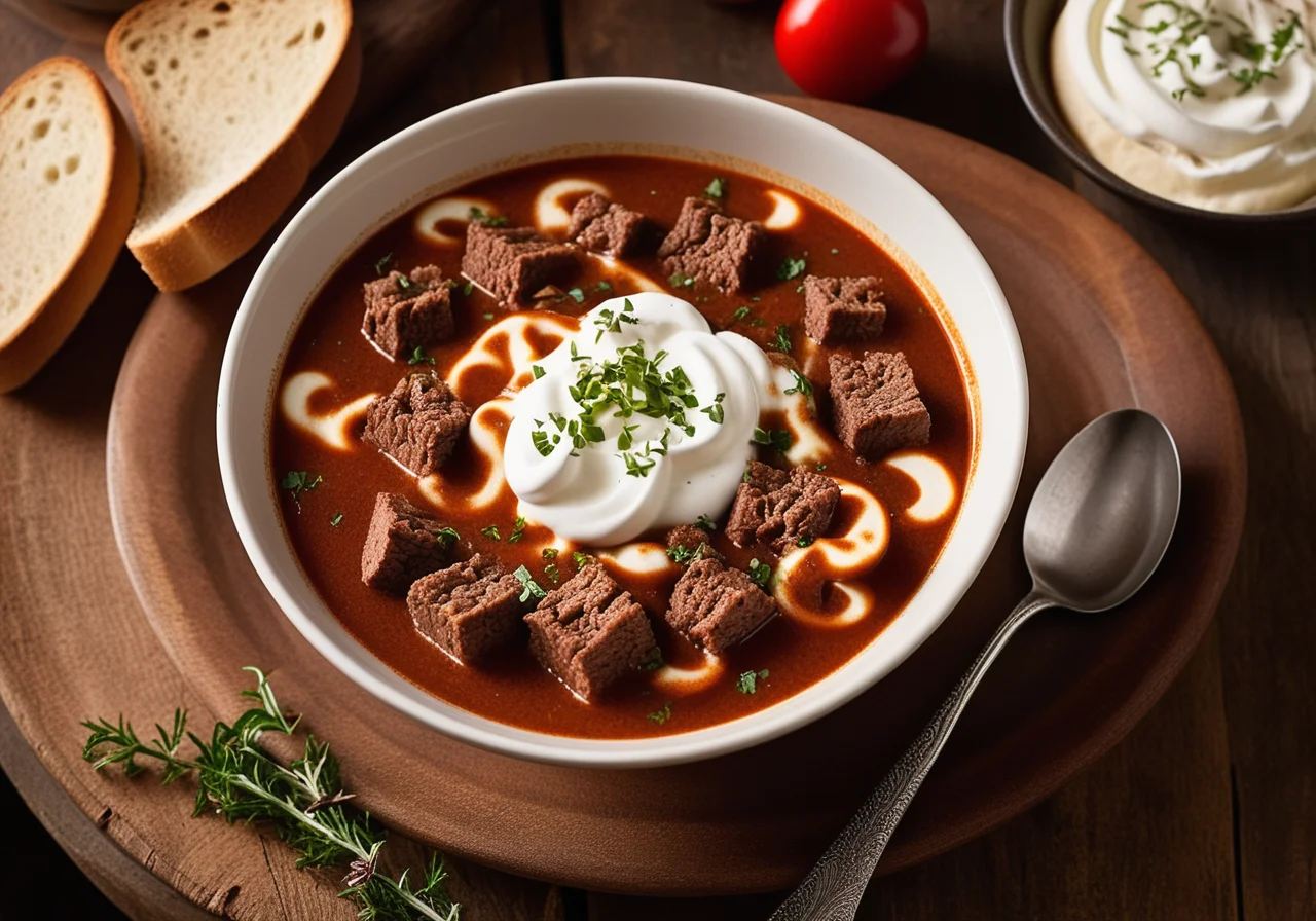 Goulash Soup with Sour Cream and Bread