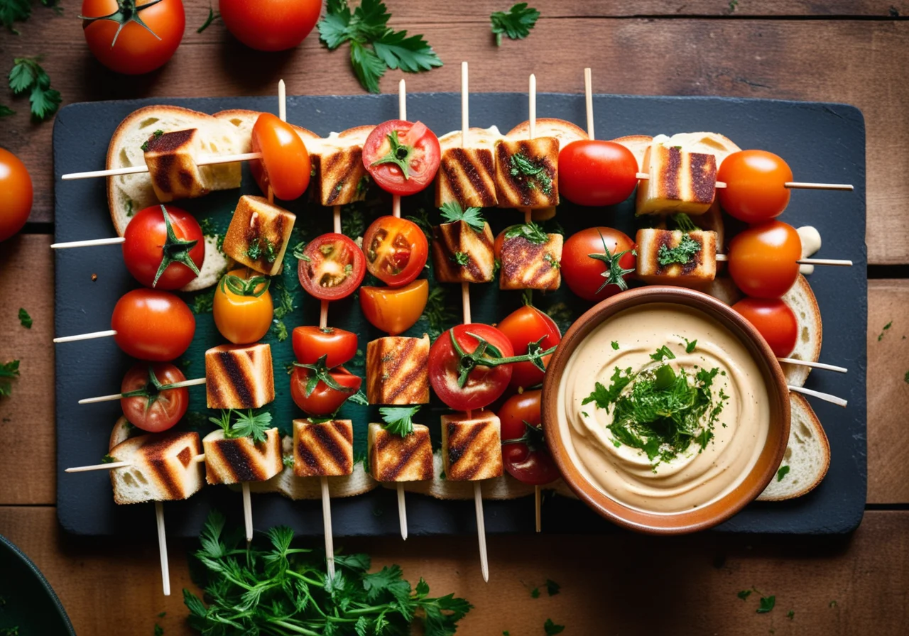 Tomato Halloumi Skewers with Hummus Dip