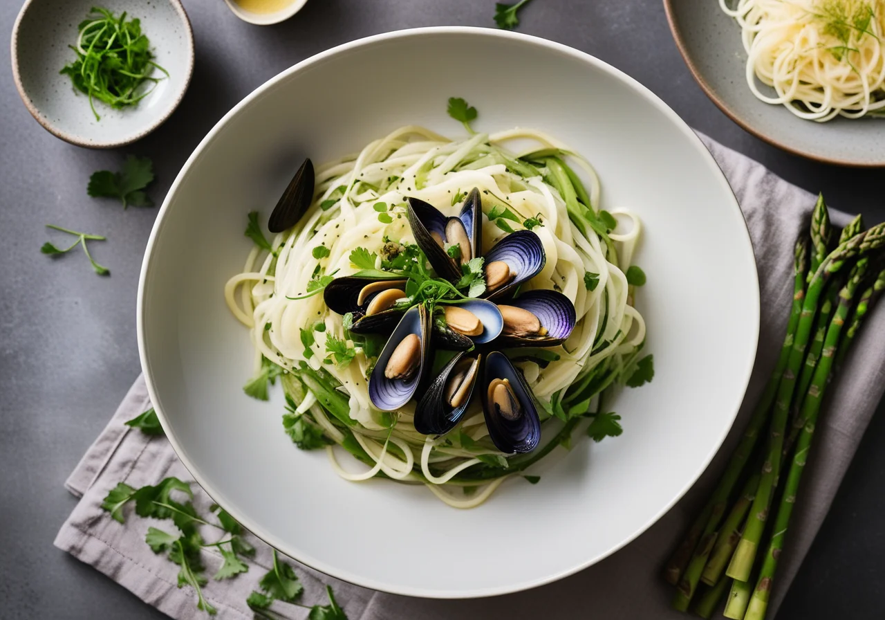 Green Asparagus and Mussel Noodle Salad